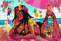 1girl 2boys anklet arizuume armlet ass barefoot beach beach_towel beach_umbrella bikini black_bikini black_hair blonde_hair blue_hoodie blue_pants bodysuit bracelet braid breasts chibi chibi_inset cleavage cloud commentary crazy_straw cup dark-skinned_female dark_skin day dragona_joestar dreadlocks drinking_glass drinking_straw earrings english_commentary feet feet_up fingernails flower flower_wreath food fruit green_bikini green_bodysuit green_eyes grey_hair hair_flower hair_ornament head_wreath heart heart-shaped_eyes hood hoodie jewelry jodio_joestar jojo_no_kimyou_na_bouken large_breasts looking_at_viewer lying multiple_boys nail_polish ocean on_stomach outdoors pants pineapple red_nails red_shorts sand shaded_face shorts single_braid sky smile soles star_(symbol) star_hair_ornament star_sticker swimsuit tattoo the_jojolands the_pose toes towel umbrella usagi_aloha&#039;oe very_dark_skin water yellow_flower