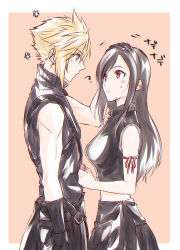 1boy 1girl ? absurdres apron arm_ribbon bare_shoulders black_apron black_gloves black_hair black_shirt black_shorts black_vest blonde_hair blush border breasts closed_mouth cloud_strife commentary_request couple crop_top final_fantasy final_fantasy_vii final_fantasy_vii_advent_children from_side gloves hand_on_another&#039;s_head headpat height_difference highres large_breasts long_hair looking_at_another midriff mizuamememe outside_border popped_collar profile red_eyes red_ribbon ribbed_shirt ribbon shirt short_hair shorts sleeveless sleeveless_shirt spiked_hair sweatdrop swept_bangs tifa_lockhart upper_body vest waist_apron white_border