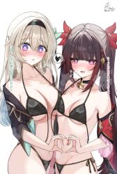 2girls :d :o bell bikini black_bikini black_hair black_jacket blush breasts brown_hair collarbone commentary firefly_(honkai:_star_rail) flower_tattoo front-tie_bikini_top front-tie_top green_hair grey_hair heart heart-shaped_pupils heart_hands heart_hands_duo highres honkai:_star_rail honkai_(series) jacket large_breasts long_hair looking_at_viewer medium_breasts multicolored_hair multiple_girls navel neck_bell open_mouth parted_lips purple_eyes ranran_3939 side-tie_bikini_bottom simple_background smile sparkle_(honkai:_star_rail) stomach swimsuit symbol-shaped_pupils tattoo thighs translation_request twintails two-tone_hair undone_bikini white_background