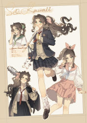 1girl :3 adjusting_eyewear aerith_gainsborough alternate_costume bag baseball_bat black_jacket black_skirt blue_neckerchief blush border bread bread_slice breasts brooch brown_border brown_cardigan brown_hair brown_shoes cardigan character_charm charm_(object) collared_shirt creature delinquent final_fantasy final_fantasy_vii flower_brooch food food_in_mouth glasses green_eyes green_neckerchief green_sailor_collar hair_bobbles hair_ornament hair_ribbon highres holding holding_baseball_bat holding_phone jacket jacket_on_shoulders jewelry kieta loafers long_hair long_sleeves loose_necktie loose_socks materia medium_breasts moogle mouth_hold multiple_views nail nail_(hardware) nail_bat neckerchief necktie official_alternate_costume over_shoulder parted_bangs phone pink_ribbon pink_sailor_collar pink_skirt plaid_clothes plaid_skirt pleated_skirt ponytail puffy_long_sleeves puffy_sleeves red_necktie ribbon running sailor_collar school_uniform shirt shoes shoulder_bag sidelocks skirt smile socks solo toast toast_in_mouth tonberry tongue tongue_out v wavy_hair weapon weapon_over_shoulder white_background white_shirt white_socks