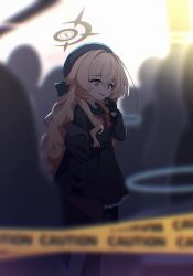 1girl absurdres beret black_coat black_gloves black_hat black_pantyhose black_sailor_collar black_serafuku blonde_hair blue_archive blurry blurry_background bow bowtie coat commentary cosplay depth_of_field fluffy_hair gloves halo hat highres holding holding_suitcase kiroshi korean_commentary long_hair multiple_others open_clothes open_coat pantyhose professor_niyaniya_(blue_archive) professor_niyaniya_(blue_archive)_(cosplay) red_bow red_bowtie sailor_collar school_uniform serafuku side_ahoge smile solo_focus suitcase yellow_halo