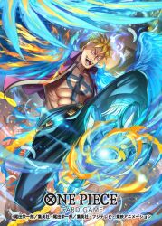 1boy abs anchor_tattoo blonde_hair blue_fire chest_tattoo claws commentary_request copyright_name fire harpy_boy hokuyuu looking_at_viewer male_focus marco_(one_piece) monster_boy official_art one_piece one_piece_card_game open_clothes open_shirt outdoors short_hair smile solo tattoo