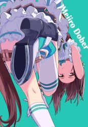 1girl animal_ears boots brown_eyes character_name gloves green_background high_heel_boots high_heels highres horse_ears horse_girl horse_tail long_hair looking_at_viewer mejiro_dober_(umamusume) mitsusaka_mitsumi shirt sleeveless sleeveless_shirt socks solo standing standing_on_one_leg tail thigh_strap umamusume white_gloves white_shirt white_socks