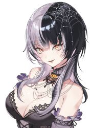 Rule 34 | 1girl, absurdres, bare shoulders, black choker, breasts, choker, cleavage, detached sleeves, hair ornament, hair over shoulder, highres, hololive, hololive english, jack-o&#039;-lantern, jack-o&#039;-lantern hair ornament, jewelry, lace, lace-trimmed choker, lace choker, lace trim, looking at viewer, medium breasts, multicolored hair, necklace, ogye 01, open mouth, pumpkin, shiori novella, simple background, solo, spider web hair ornament, split-color hair, upper body, virtual youtuber, white background, white hair, yellow eyes