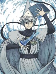 1boy book cloak feriowind fingernails glasses grey_eyes hat holding holding_book long_hair looking_at_viewer magic male_focus qifrey_(tongari_boushi_no_atelier) solo tassel tongari_boushi_no_atelier water white_background white_hair witch_hat