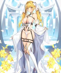 1girl bare_shoulders belt black_ribbon blonde_hair blue_sky breasts bride building chinese_clothes chinese_knot circlet closed_mouth clothes_lift day detached_sleeves earrings evertale falling_petals flower gold_circlet groin hair_flower hair_ornament jewelry journey_to_the_west knee_cutout large_breasts long_hair looking_at_viewer o-ring official_alternate_costume official_art open_clothes outdoors pelvic_curtain petals popqn revealing_clothes ribbon shiny_skin showgirl_skirt skindentation skirt skirt_lift sky sleeve_ribbon smile solo sparkle standing striped_clothes striped_thighhighs sun_wukong sun_wukong_(evertale) tassel thigh_belt thigh_strap thighhighs twintails vertical-striped_clothes vertical-striped_thighhighs white_flower white_thighhighs yellow_eyes yellow_flower
