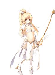 1girl artist_request bad_source blonde_hair bow_(weapon) bra breasts cleavage feather_hair_ornament feathers full_body game_cg hair_ornament holding holding_bow_(weapon) holding_weapon nanaly_(sennen_sensou_aigis) navel official_art pink_eyes ponytail sennen_sensou_aigis short_sleeves solo third-party_source transparent_background underwear weapon white_bra