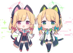 2girls :3 :d black_jacket black_shoes black_shorts black_skirt black_tail black_thighhighs blonde_hair blue_archive blunt_bangs blush bow buttons cat_tail chibi chibi_only closed_mouth collared_shirt commentary_request fake_tail frilled_jacket frilled_skirt frills full_body green_bow green_eyes green_halo green_jacket hair_bow halo hand_up jacket long_sleeves looking_at_viewer low-tied_sidelocks midori_(blue_archive) miniskirt momoi_(blue_archive) multicolored_jacket multiple_girls off_shoulder open_clothes open_jacket open_mouth parted_bangs pinching_gesture pink_eyes pink_halo pink_jacket pink_shoes pleated_skirt red_bow rnond school_uniform shirt shoes short_hair short_shorts shorts siblings sidelocks sisters skirt smile sparkle standing suspender_skirt suspenders tail tail_bow tail_ornament thighhighs twins twitter_username two-sided_fabric two-sided_jacket unbuttoned unbuttoned_jacket untucked_shirt white_background white_jacket white_shirt zettai_ryouiki