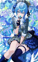 Rule 34 | 1girl, asymmetrical legwear, asymmetrical sidelocks, bead bracelet, beads, beret, between legs, black gloves, blue bow, blue choker, blue eyes, blue hair, blue skirt, blue socks, blue thighhighs, bow, bracelet, candy, choker, crown, double-parted bangs, feet out of frame, food, frilled skirt, frills, gloves, grey hat, grey jacket, grey skirt, hair bow, hand between legs, hat, highres, holding, holding candy, holding food, holding lollipop, hololive, hoshimachi suisei, hoshimachi suisei (1st costume), jacket, jewelry, kygraffiti, layered skirt, lollipop, looking at viewer, mini crown, partially fingerless gloves, plaid clothes, plaid hat, plaid jacket, plaid skirt, side ponytail, sitting, skirt, socks, solo, star (symbol), star choker, star in eye, symbol in eye, thigh strap, thighhighs, three-quarter sleeves, virtual youtuber