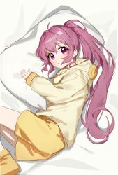 1girl ahoge bed_sheet head_on_pillow highres hood hood_down hugging_object keibi_inu knees_out_of_frame light_blush long_hair looking_to_the_side lying on_bed on_side pajamas pillow pillow_hug ponytail purple_eyes purple_hair sheep_pajamas shorts sidelocks socks solo sugiura_ayano tareme yellow_pajamas yellow_shorts yellow_socks yuruyuri