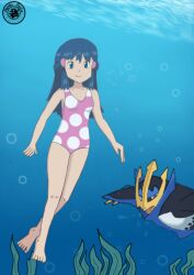 1girl algae armpits arms_at_sides artist_logo artist_name barefoot blue_eyes blue_hair breasts bubble casual_one-piece_swimsuit child collarbone dawn_(pokemon) empoleon fankifalu feet female_focus full_body gen_4_pokemon hair_ornament hairclip highres holding_breath knees legs legs_together logo long_hair matching_hair/eyes neck nintendo ocean one-piece_swimsuit pink_one-piece_swimsuit pokemon pokemon_(creature) pokemon_dppt polka_dot polka_dot_swimsuit sidelocks_tied_back small_breasts smile swimming swimsuit thighs toenails toes underwater