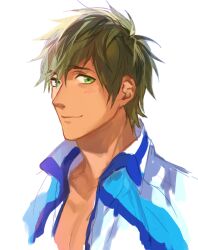 Rule 34 | 1boy, blue jacket, brown hair, closed mouth, free!, green eyes, jacket, light blush, looking at viewer, male focus, okii (oh ki ik), open clothes, open jacket, portrait, simple background, solo, tachibana makoto, toned, toned male, white background