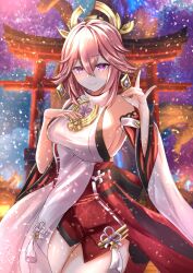 1girl animal_ears bare_shoulders breasts closed_mouth commentary_request detached_sleeves earrings fingernails fox_ears fox_shadow_puppet genshin_impact hair_between_eyes hand_on_own_chest highres jewelry long_hair long_sleeves looking_at_viewer nakura_haru nontraditional_miko pink_hair purple_eyes shirt sideboob smile solo tassel very_long_hair white_shirt yae_miko