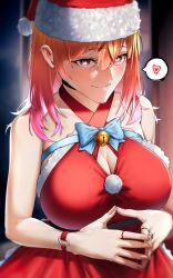 1girl bell blue_bow blue_bowtie bow bowtie breasts cleavage cleavage_cutout closed_mouth clothing_cutout dress gradient_hair halterneck hat heart hololive hololive_dev_is ichijou_ririka large_breasts long_hair looking_at_viewer multicolored_hair orange_eyes orange_hair pink_hair santa_costume santa_dress santa_hat smile solo spoken_heart tamamoice virtual_youtuber