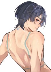 Rule 34 | 1boy, arms behind back, bare shoulders, birthmark, black eyes, black hair, blunt ends, body markings, closed mouth, electro symbol (genshin impact), eyeliner, eyeshadow, from behind, genshin impact, highres, ichomint, instagram username, leaning back, looking back, makeup, male focus, median furrow, mitsudomoe (shape), pink lips, red eyeliner, red eyeshadow, scaramouche (genshin impact), shoulder blades, sideways mouth, solo, tomoe (symbol), topless male, tsurime, twitter username, upper body, wanderer (genshin impact), watermark, watermark grid, white background