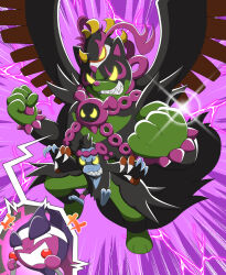 1other 3boys :3 amauchi animal_ears animal_focus bird colored_sclera dog_ears epic fezandipiti full_body fusion gen_9_pokemon glowing glowing_eyes grin laughing legendary_pokemon multiple_boys munkidori nintendo no_humans okidogi pecharunt pokemon pokemon_(creature) sharp_teeth simple_background smile smug teamwork teeth wings yellow_sclera