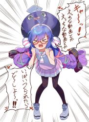 &gt;_&lt; 1girl :d a.i._voice ahoge ahoge_wag ascot black_bow black_pantyhose blue_hair blue_hat blunt_bangs blush bow braid chaakusu closed_eyes commentary_request dress eel_hat emphasis_lines expressive_hair full_body glasses gradient_clothes gradient_dress gradient_hair gradient_ribbon green_ribbon grey_dress grey_shoes hair_between_eyes hair_bow hair_ornament hair_ribbon hairclip hands_up hat hat_ribbon head_steam heart heart_in_mouth highres large_hat leaning_forward long_hair low-braided_long_hair low-tied_long_hair mortarboard multicolored_dress multicolored_hair multicolored_ribbon open_mouth otomachi_una otomachi_una_(a.i._voice_2) pantyhose pigeon-toed pink_dress pink_ribbon pink_stripes plaid_bow plaid_clothes plaid_pantyhose pleated_dress red-framed_eyewear ribbon sailor_collar sailor_dress semi-rimless_eyewear shoes sidelocks simple_background sleeveless sleeveless_dress smile solo speech_bubble standing striped_ribbon translation_request twintails under-rim_eyewear very_long_hair voiceroid white_ascot white_background white_ribbon white_sailor_collar