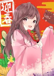Rule 34 | 1girl, :d, animal, blush, boar, brown hair, chinese zodiac, egasumi, female focus, floral print, hagoita, highres, holding, idolmaster, idolmaster shiny colors, japanese clothes, kadomatsu, kimono, long hair, long sleeves, minikon, new year, open mouth, paddle, pinching sleeves, pink kimono, print kimono, red eyes, sleeves past wrists, smile, solo, tsukioka kogane, very long hair, year of the pig