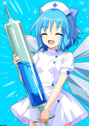 1girl alternate_costume blue_bow blue_hair blue_liquid blush bow breasts cirno closed_eyes commentary_request cross cross_print dated detached_wings dress facing_viewer hair_bow hat highres holding holding_syringe ice ice_wings medium_hair mist9801km nurse nurse_cap open_mouth oversized_object puffy_short_sleeves puffy_sleeves short_sleeves small_breasts smile solo syringe touhou white_dress white_hat wings