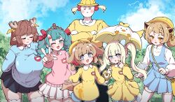 Rule 34 | 1boy, 5girls, absurdres, animal ear fluff, animal ears, aqua eyes, aqua hair, bag, blonde hair, blue eyes, blue shirt, blue shorts, blue skirt, blue sky, blush, breasts, brown hair, butter (trickcal), closed eyes, day, deer ears, diana (trickcal), dog ears, dragon ears, dragon tail, fang, flat chest, hair ornament, hair ribbon, hat, highres, holding, holding umbrella, horns, jewelry, kindergarten bag, kindergarten uniform, large breasts, leader (trickcal), lion (trickcal), lion ears, long hair, looking at viewer, majinmallow, multiple girls, name tag, one eye closed, opal (trickcal), open mouth, outdoors, parasol, picnic, picora (trickcal), pink shirt, pleated skirt, red ribbon, ribbon, school hat, shirt, shorts, single horn, skirt, sky, small breasts, smile, stain, tail, thighhighs, tiara, tree, trickcal, umbrella, white skirt, white thighhighs, wings, yellow bag, yellow eyes, yellow hat, yellow shirt