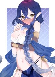 1girl absurdres arm_under_breasts armlet bandeau bare_shoulders bikini bikini_bottom_only black_bikini blue_hair braid breasts brown_gloves cleavage closed_mouth commission cowboy_shot dancer ebifurai_daisuki_man elbow_gloves gloves gradient_hair green_eyes hair_between_eyes hair_over_shoulder hand_up harem_outfit harem_pants highres hip_vent jewelry large_breasts long_hair looking_at_viewer midriff mouth_veil multicolored_hair navel original pants pointy_ears see-through_clothes shawl sidelocks single_braid single_glove skeb_commission smile solo standing stomach strapless swimsuit tube_top veil very_long_hair