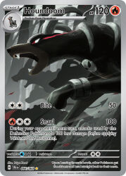 animal_focus artist_name card_(medium) character_name company_name copyright_name copyright_notice english_text eye_trail fangs gen_2_pokemon grass horns houndoom houndour kasai_(pixiv24704749) light_trail nintendo no_humans official_art open_mouth outdoors pokemon pokemon_(creature) pokemon_card pokemon_focus pokemon_tcg red_eyes silhouette solo_focus spot_color third-party_source trading_card tree