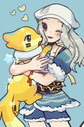 1girl ;d akari_(pokemon) alternate_hair_color ariamisu blue_jacket blue_shorts blush brown_eyes buizel cowboy_shot gen_4_pokemon grey_hair happy headscarf heart highres holding holding_pokemon jacket long_hair nintendo one_eye_closed open_mouth pokemon pokemon_(creature) pokemon_legends:_arceus sash shorts smile star_(symbol) white_headscarf