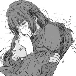 1boy arisa_(yuki_touko) bed black_dress black_hair blush bow commentary crossdressing dress frills gothic_lolita greyscale hair_bow hairband hand_to_own_mouth holding_teddy_bear lolita_fashion lolita_hairband long_hair monochrome original simple_background sleeping stuffed_animal stuffed_toy teddy_bear trap white_background yuki_touko