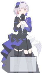 1girl 4th_live_dream_~bloom_the_dream_believers~ :d ascot black_jacket black_shorts black_thighhighs blue_flower blue_hairband blue_jacket blue_rose blush braid collared_shirt colored_inner_hair commentary_request compass_(love_live!) dress_shirt feet_out_of_frame flower flower_hairband flower_stand_art frilled_ascot frills grey_hair hairband holding holding_microphone iroha_(nami3) jacket link!_like!_love_live! love_live! microphone multicolored_hair multicolored_jacket official_alternate_costume open_mouth pink_eyes red_hair rose shirt short_hair short_shorts shorts side_braid simple_background smile solo streaked_hair thighhighs three-quarter_sleeves two-tone_jacket virtual_youtuber white_ascot white_background white_shirt yugiri_tsuzuri