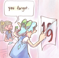 2girls blue_dress blue_hair bow bowtie calendar_(object) cirno cirno_day commentary cowboy_shot daiyousei dress english_commentary english_text green_hair highres holding holding_phone ice ice_wings living_in_1984_(meme) meme molly_yancey multiple_girls open_mouth phone puffy_short_sleeves puffy_sleeves short_hair short_sleeves side_ponytail surprised touhou wings yellow_bow yellow_bowtie