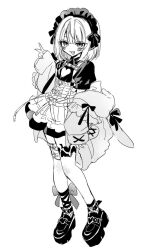 1girl :d akiyama_enma blunt_bangs blush bob_cut cleavage_cutout clothing_cutout dress fang flat_chest full_body greyscale jacket long_sleeves looking_at_viewer maid maid_headdress makaino_ririmu makaino_ririmu_(5th_costume) medium_hair monochrome nijisanji off_shoulder open_mouth platform_shoes puffy_short_sleeves puffy_sleeves shoes short_dress short_sleeves smile solo v virtual_youtuber