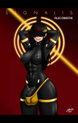 1futa absurdres arms_behind_head arms_up black_hair breasts cheez3 covered_testicles cyborg falke falke_(signalis) flaccid futanari highres large_breasts long_hair nipples penis self-upload signalis smile solo standing testicles