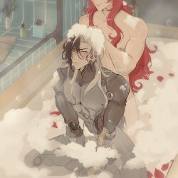 2boys absurdres argenti_(honkai:_star_rail) artist_name bath bathing bathtub black_hair blush boothill_(honkai:_star_rail) bottle bubble bubble_bath closed_eyes closed_mouth commentary convenient_censoring cyborg english_commentary flower hair_between_eyes hand_on_another&#039;s_head hand_up head_out_of_frame highres honkai:_star_rail honkai_(series) indoors kneeling long_hair luciidkatt male_focus mole mole_under_eye multicolored_hair multiple_boys nipples nude parted_bangs partially_submerged pectorals petals petals_on_liquid purple_flower red_hair rose_petals scar scar_on_arm scar_on_leg shampoo_bottle shared_bathing sidelocks smile soap_bottle soap_bubbles streaked_hair towel v_arms vase washing_another water white_hair yaoi