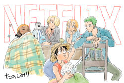 1girl 4boys black_hair blonde_hair chair curly_eyebrows dark-skinned_male dark_skin den_den_mushi earrings eating facial_scar food friends gold_earrings green_hair hair_over_one_eye hat looking_at_another monkey_d._luffy multiple_boys nami_(one_piece) nami_(one_piece)_(drum_island) netflix one_piece one_piece_(live_action) orange_hair popcorn rikichan214 roronoa_zoro sanji_(one_piece) scar scar_on_cheek scar_on_face short_sleeves snail straw_hat usopp