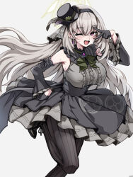 1girl ;d armpit_crease black_gloves black_hat black_sleeves blue_archive breasts center_frills commentary_request crossed_bangs detached_sleeves earrings foot_out_of_frame frills gloves grey_background grey_hair hair_between_eyes halo hand_on_own_hip hat jewelry large_breasts long_hair long_sleeves looking_at_viewer official_alternate_costume one_eye_closed open_mouth purple_eyes sakurako_(blue_archive) sakurako_(idol)_(blue_archive) simple_background sleeveless smile solo standing standing_on_one_leg sweat top_hat tsuzura_(pixiv74922627) v v_over_eye