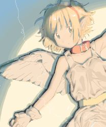 1girl 2000s_(style) animal_collar arm_up armpits backlighting bad_drawr_id bad_id bare_arms bare_shoulders belt blonde_hair blue_eyes buckle character_request closed_mouth collar collarbone copyright_request curled_fingers drawr dress eyewear_on_head feathered_wings goggles goggles_on_head hair_spread_out jaggy_lines kwgt lightning looking_at_viewer looking_to_the_side lying muted_color oekaki on_back outstretched_arms red_collar retro_artstyle short_hair sleeveless sleeveless_dress smile solo swept_bangs upper_body white_dress white_wings wings wristband yellow_belt