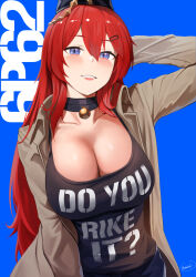 1girl 6p62_(girls&#039;_frontline) arms_behind_back black_shirt blue_background blue_eyes breasts brown_jacket clothes_writing english_text engrish_text girls&#039;_frontline hair_ornament hairclip hat highres jacket jewelry kion-kun large_breasts long_hair looking_at_viewer military_hat necklace open_clothes open_jacket plunging_neckline ranguage red_hair shirt shy