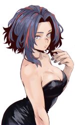 Rule 34 | 1girl, black dress, blue eyes, blue hair, boku no hero academia, breasts, cleavage, closed mouth, dress, enji masterpie, grey nails, highres, lady nagant, large breasts, looking at viewer, medium hair, multicolored hair, red hair, simple background, solo, streaked hair, white background