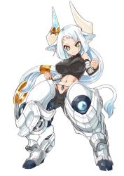 abs animal_ears armor armored_boots bandages boots breasts cow_ears cow_tail green_eyes horns large_breasts long_hair naka_akira silver_hair solo tail very_long_hair