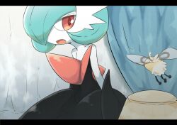 black_dress black_gloves blue_hair bob_cut colored_skin cutiefly dress elbow_gloves gardevoir gen_3_pokemon gen_7_pokemon gloves hair_over_one_eye insect_wings matata mega_gardevoir mega_pokemon nintendo open_mouth pokemon pokemon_(creature) strapless strapless_dress white_skin wings