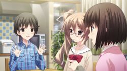 1boy 2girls black_hair blush breast_pocket brother_and_sister brown_eyes brown_hair cabinet chaos;child cupboard double-parted_bangs embarrassed flat_chest from_side game_cg glasses hair_between_eyes hands_up highres indoors kitchen light_blush long_hair long_sleeves looking_at_another microwave multiple_girls nervous_sweating non-web_source official_art one_side_up open_collar open_mouth pink_sweater plaid_clothes plaid_shirt plant pocket pointing pointing_at_another potted_plant rice_cooker round_eyewear sailor_collar sailor_shirt sasaki_mutsumi shirt shirt_under_sweater short_hair siblings sitting sweat sweatdrop sweater table tachibana_yui tachibana_yuuto teeth tongue triangle_mouth upper_teeth_only waving_hands white_sailor_collar wooden_table yamazoe_uki