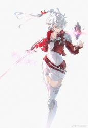 1girl absurdres ahoge alisaie_leveilleur armor boots chinese_commentary collarbone commentary_request cropped_jacket earclip elezen elf feet_out_of_frame final_fantasy final_fantasy_xiv fingerless_gloves floating floating_hair floating_object floating_weapon gloves hair_over_one_eye hair_ribbon highres holding holding_sword holding_weapon jacket knee_pads long_hair one_eye_covered parted_lips pauldrons pointy_ears ponytail purple_eyes red_gloves red_jacket red_mage_(final_fantasy) ribbon romper serious shoulder_armor shoulder_belt simple_background single_pauldron sketch solo standing sword thigh_boots watermark weapon weibo_watermark white_background white_boots white_hair white_romper yumuto_(spring1786)