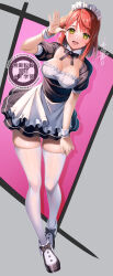 1girl absurdres alternate_costume apron arm_up black_bow black_dress black_ribbon border bow breasts cleavage commentary_request detached_collar dress drop_shadow enmaided footwear_bow frilled_apron frills full_body gradient_background grey_border highres large_breasts love_live! love_live!_nijigasaki_high_school_idol_club maid nakano_maru neck_ribbon outside_border pink_background puffy_short_sleeves puffy_sleeves ribbon shoes short_sleeves simple_background skindentation solo thighhighs uehara_ayumu waist_apron watermark white_apron white_shoes white_thighhighs zettai_ryouiki