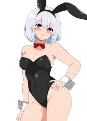 Rule 34 | 1girl, animal ear hairband, animal ears, beyblade, blue eyes, bow, bowtie, breasts, cleavage, commentary request, contrapposto, covered navel, detached collar, fake animal ears, hairband, heterochromia, highres, kinako mochi (pixiv100419090), large breasts, leotard, playboy bunny, rabbit ears, red bow, red bowtie, red eyes, sainen yuko, short hair, solo, strapless, strapless leotard, white hair, wrist cuffs