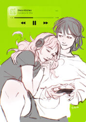 2girls artist_name black_hair black_nails cellphone commentary couple english_commentary fast_forward_button gardens_&amp;_villa green_background grey_shorts group_name headphones heads_together highres holding holding_phone kininatteru_hito_ga_otoko_ja_nakatta knee_up koga_mitsuki light_smile long_hair long_sleeves looking_at_another lying_on_person media_player_interface multiple_girls oosawa_aya pause_button phone pink_hair progress_bar rewind_button shirt short_hair shorts smartphone song_name t-shirt trava user_interface wavy_hair white_shirt yuri