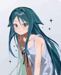 1girl black_ribbon blue_hair dress green_eyes green_hair grey_background hair_between_eyes hair_flaps highres leaning_forward long_hair looking_at_viewer mreek ribbon saya_(saya_no_uta) saya_no_uta simple_background sleeveless sleeveless_dress smile solo sparkle upper_body very_long_hair