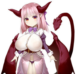 1girl akazawa_red blush bow breasts bursting_breasts cuff_links demon_girl demon_horns demon_tail demon_wings hair_bow horns huge_breasts looking_at_viewer micro_panties oppai_loli panties pink_hair pointy_ears red_eyes reni_(succubus_prison) solo succubus_prison tail underwear wings