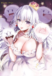 1girl :p boo_(mario) breasts cleavage dress earrings gloves jewelry large_breasts long_hair luigi&#039;s_mansion mafuyu_(kanden_shoujyo) mario_(series) new_super_mario_bros._u_deluxe nintendo pointy_ears princess_king_boo purple_eyes signature solo star_(symbol) super_crown tongue tongue_out twitter_username very_long_hair white_dress white_gloves white_hair