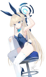 1girl absurdres animal_ears armpits blonde_hair blue_archive blue_eyes bow bowtie breasts detached_collar fake_animal_ears high_heels highres leotard long_hair looking_at_viewer namiura playboy_bunny rabbit_ears rabbit_tail signature sitting solo stool strapless strapless_leotard tail thighhighs toki_(blue_archive) toki_(bunny)_(blue_archive) very_long_hair wrist_cuffs