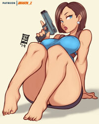 1girl barefoot blue_eyes blue_tube_top breasts brown_hair earrings gun handgun highres holding holding_gun holding_weapon jakuson_z jewelry jill_valentine looking_at_viewer parted_lips patreon_username red_lips resident_evil short_hair signature simple_background sitting strapless tube_top weapon